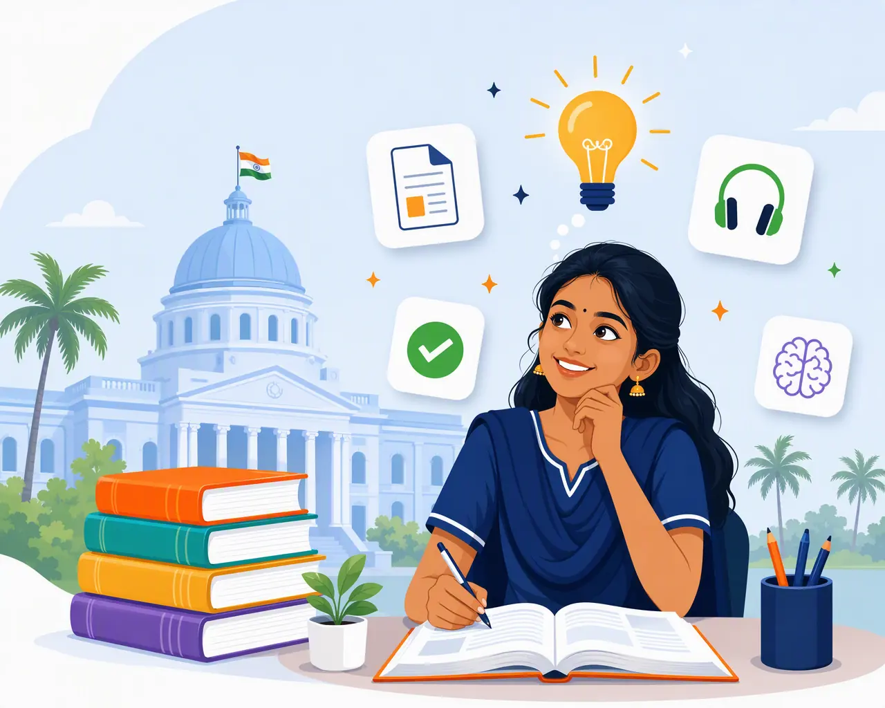 நீல சீருடையில் மாணவி புத்தகத்தில் எழுதிக்கொண்டே மேலே பார்க்கிறார்; அவர் அருகே நிறமுள்ள புத்தகங்கள், ஒளிரும் மின்விளக்கு, ஆவணம்/ஹெட்ஃபோன்/குறி/மூளை படங்கள், பின்னணியில் அரசுக் கட்டிடமும் பனைமரங்களும்.